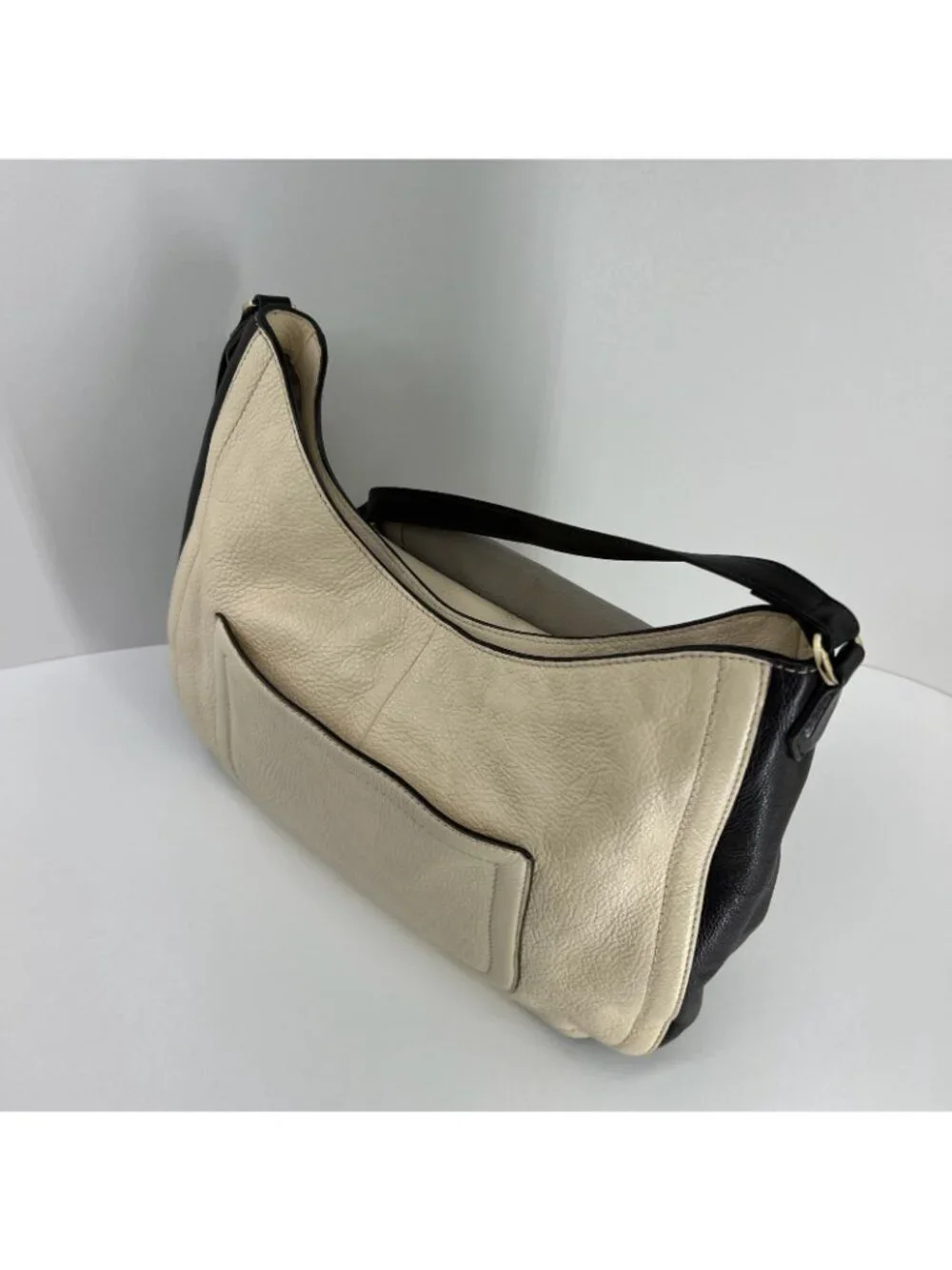 Tory Burch Sammy Hobo Shoulder Bag Womens Pebbled Leather Cream Black Colorblock
